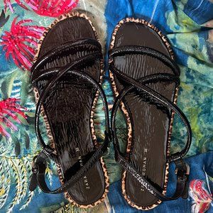 Zara Patent Leather Strap Sandals with Leopard Faux Fur Trim